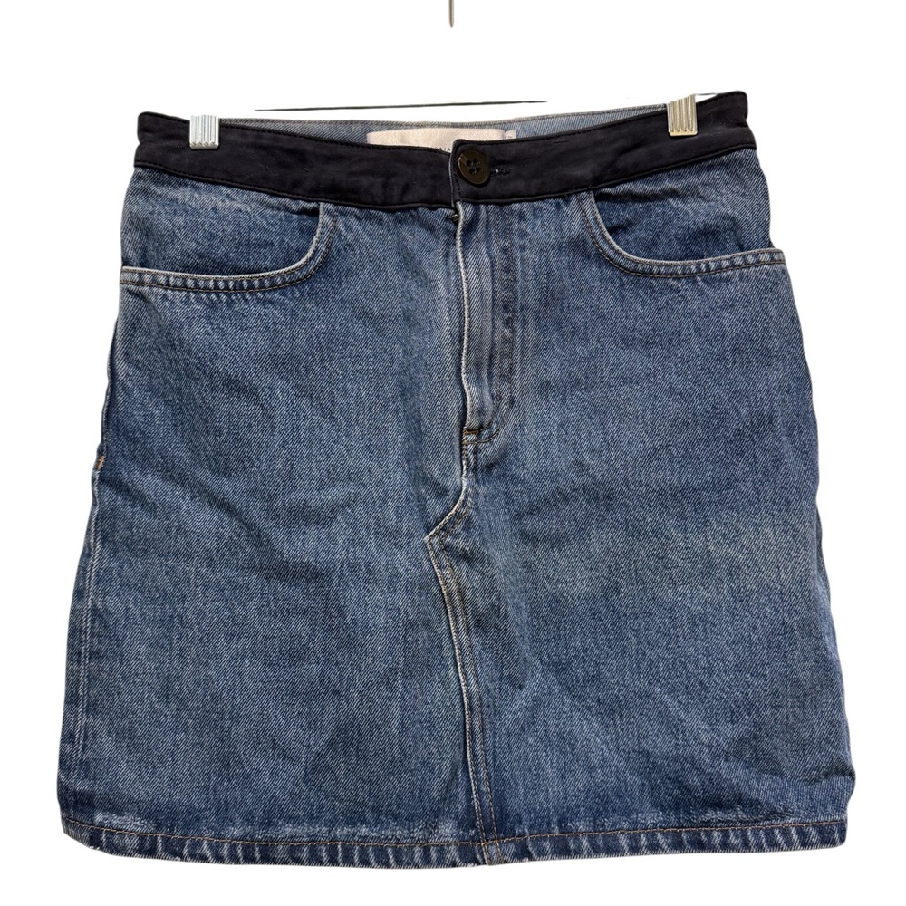 Victoria Beckham Dark Blue Denim Skirt with Black Suede Accents